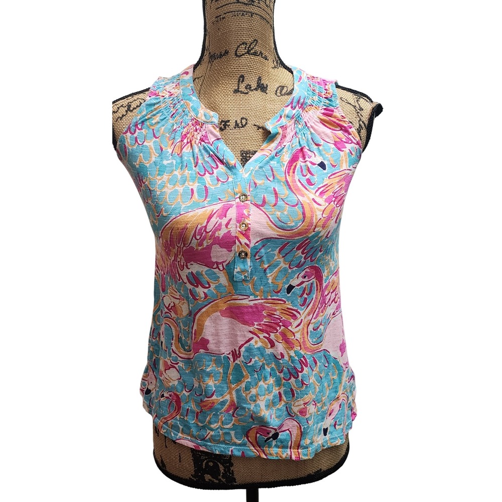 Lilly Pulitzer XXS Sleeveless Flamingo Print Smocked Neck V-Neck Button Front‎